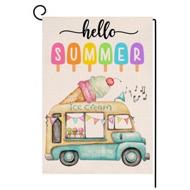 JIMOWANG Summer Ice Cream Garden Flag 12" x 18" Vertical Double Sided Hello Summer Truck Beach Outside Decor Burlap Yard Flag