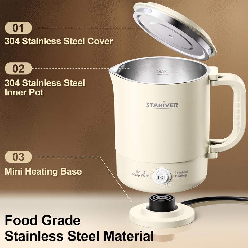 Stariver Portable Travel Kettle, 600ML Small Electric Kettle with Foldable