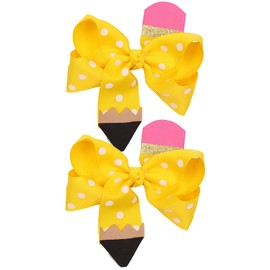School Bow Cheer Bow Clip, Back to School Hair Bows Ponytail Holder, Pencil Girls Hairs Clips ZFJ26 (2pcs Yellow Dot Clips)