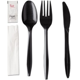 450 Plastic Cutlery Packets - Knife Fork Spoon Napkin Salt Pepper Sets | Black Silverware Individually Wrapped, Bulk Disposable To Go Utensil Kits