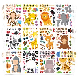 48 Sheets Make Your Own Safari Animal Stickers for Kids Ages 3+, Make-a-face Stickers, Jungle & Zoo Party Favors Supplies, Classroom Teacher Reward