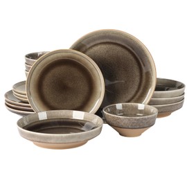 Gibson Elite Hailstone 16 Piece Stoneware Reactive Glaze (Service for 4) Ceramic Plates and Bowls Dinnerware Set - Black