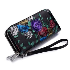 Aslana Genuine Leather Double Zipped Wallet Wristlet for Women, RFID Blocking Double Zipped Floral Hand Painted Embossed Large Capacity Clutch Purse (Double Zipped - Colorful Rose)