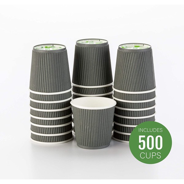 500-CT Disposable Gray 4-OZ Hot Beverage Cups with Ripple Wall Design: No Need for Sleeves - Perfect for Cafes - Eco-Friendly Recyclable Paper - Insulated - Wholesale Takeout Coffee Cup