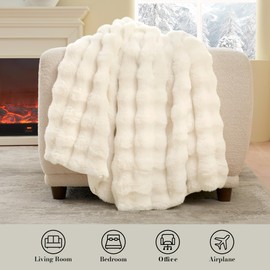 Amélie Home Faux Fur Throw Blanket for Couch, Fuzzy Soft Plush Thick Bubble Blanket for Sofa Bedroom Living Room, 60"x80" Inches, Cream White
