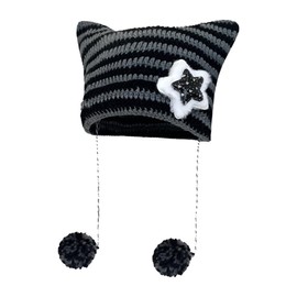 MAIGO Cat Ears Knitted Hat with Hanging Fur Ball- Cat Gifts for Women, Teenage Girls Gifts Cat, Crochet Gifts, Cat Gifts for Cat Lovers, Cute Stripes Cat Beanie, Fun Hat Presents (Cotton, G)