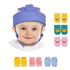 Umtiti Baby Adjustable Safety Helmet, Lightweight and Soft Headguard, Infant Head Protector with 3 Pairs Knee Pads for Crawling & 3 Pairs Baby Socks，Blue Dots+6