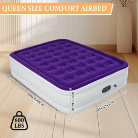 HikerSKY Queen Air Mattress with Built in Pump, Inflatable Mattress for Home, Blow up Air Bed 3 Min Quick Inflation and Deflation, Thin Velvet Top, 18'' Queen Size Purple