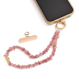 Strawberry Quartz Chips Beaded Crystal Hands-free Cell Phone Lanyard with Thin Tab, Detachable Wrist Strap for Women Gift