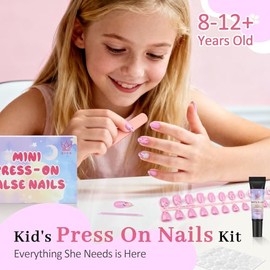 Kit de uñas postizas Qiek de 16 tamaños para niñas: 32 puntas de uñas postizas francesas almendradas para niñas de 8 a 12 años con adhesivos de uñas d