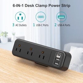 Desk Clamp Power Strip with USB C, 3 Outlet Desktop Mount Power Station Removable Clamp Socket with 6.5 ft Extension Cord, Fit 1.7 inch Tabletop Edge