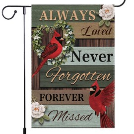 Cardinal Memorial Garden Flag 12x18 Inch Double Sided Outside, Always Loved Never Forgotten Memorial Day Gravesite Saying Yard Outdoor Decoration