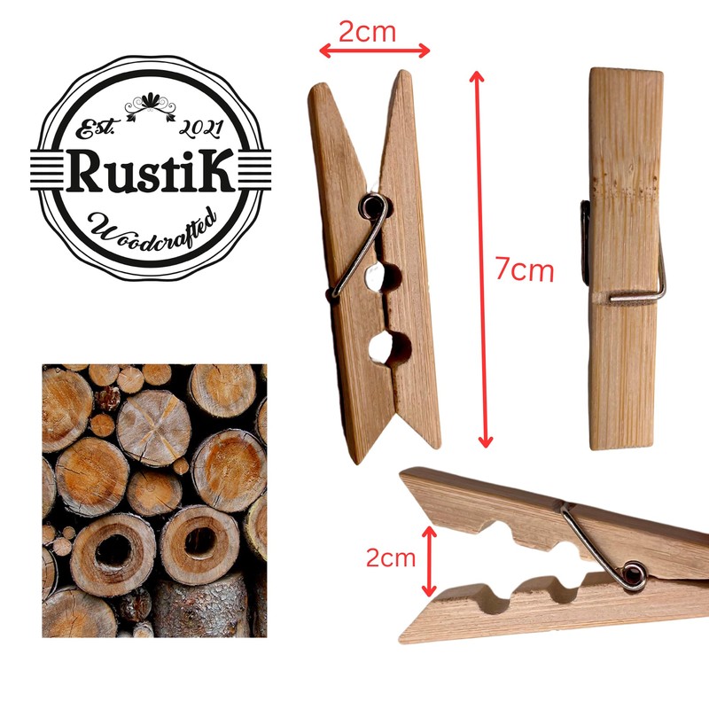 40 x Bamboo Wooden Pegs by RustiK, Strong, Large Clothes