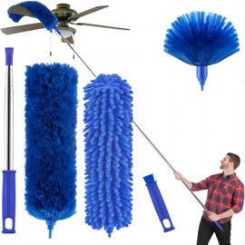 Cobweb Duster with Extension Pole, Washable Cleaning Duster Kit with 3 Duster Heads, Cobweb Duster, Corner Brush, 15-100 Inch Long Aluminum Telescoping Pole for Ceiling Fan (Blue)