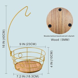 DIYZON Countertop Fruit Basket Bowl with Banana Hanger, Modern Standing Fruit Vegetable Bowl Storage, Storage Basket Fruit with Fruit Hook, Suitable for Kitchen Countertop (Round Wood, Gold)