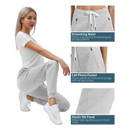 PULI Women Lounge Sweatpants Drawstring French Terry Jogger Rib Splicing Stretch with Zip Pockets Light Grey XL