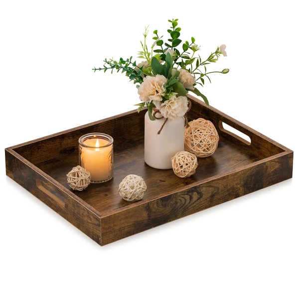 Hanobe Brown Decorative Serving Trays: Rustic Brown Rectangle Tray Decor with Cutout Handles for Coffee Table Ottoman Living Room Kitchen Home Decor, Large