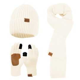 Winter Knit Beanie Hat Scarf Gloves Cold Weather Set, Warm Knit Beanie Long Scarf Touchscreen Gloves,Winter Gifts for Women (White, One Size)