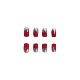 SINHOT Square Press on Nails Medium - Red & Silver Glitter Squoval Nail Art, DIY Fake Nails with Matte Glue on Nails, 24Pcs