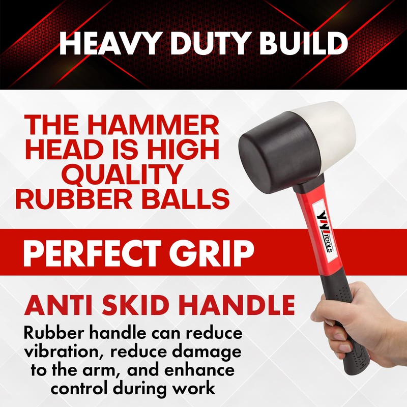 YIYITOOLS Rubber Hammer, 16oz rubber mallet With fiberglass Handle,black and