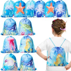 Clabby 12 Pcs Ocean Party Favors Bags Sea Life Drawstring Bags Candy Gifts Sacks Backpack Bulk Under The Sea Goodie Bags Treat Bags