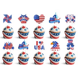 36pcs 4th of July Cupcake Toppers - Wrappers Independence Day Cupcake Liners Red White Blue Glitter Food Picks for Independence Day Party Decorations