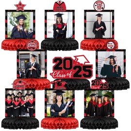 Soulchen 9 Pcs Class of 2025 Photo Centerpieces Graduation Centerpieces for Tables Congrats Grad Honeycomb Table Toppers Graduation Table Decorations for Party Celebration Supplies(Black and Red)