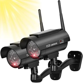 BNT Solar Powered Fake Security Camera, Bullet Dummy Security Camera Simulated Surveillance System with Realistic Red Flashing Light Sensor and Warning Sticker for Indoor/Outdoor(2Pack, Black)