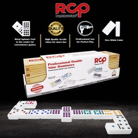 RCP PRODUCTS Dominos Set for Adults – Professional Double 9 Dominoes Set of 55 Tiles for Adults, Metal Spinner, Classic and Travel Board Game with Wood Case Juegos de Mesa (White)