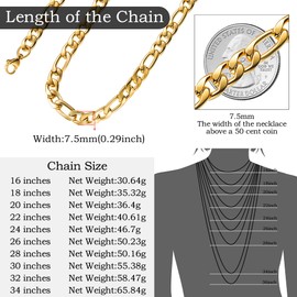 Cadena de eslabones Figaro de acero inoxidable de 4 a 8,5 mm para hombre y mujer, chapada en oro real de 18 quilates de 40,6 a 76,2 cm