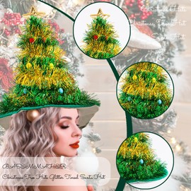 BASEMMAHER Christmas Tree Hats Glitter Tinsel Santa Hat Five-pointed Star Hat Hair Accessories Dress Up for Women Winter Costumes Party (Green Yellow)