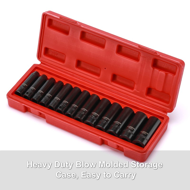 CASOMAN 13 Pieces 3/8-Inch Drive Impact Socket Set, 6-Point, Metric,