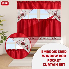PIC Polyester Floral Kitchen Curtain and Valence Set with Two Tiers, 3 Piece Sheer Curtain Set for Bathroom, Laundry, and Living Rooms, White and Brown