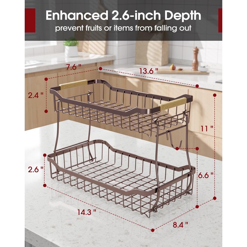 Sakugi 2 Tier Fruit Basket for Kitchen Counter, Detachable Fruit