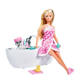 Simba Steffi Love 105733589 Bath Fun, Doll and Cute Raccoon Bathing in the Bath, with 2-in-1 Towel, Accessories, 29 cm Toy Doll, from 3 Years