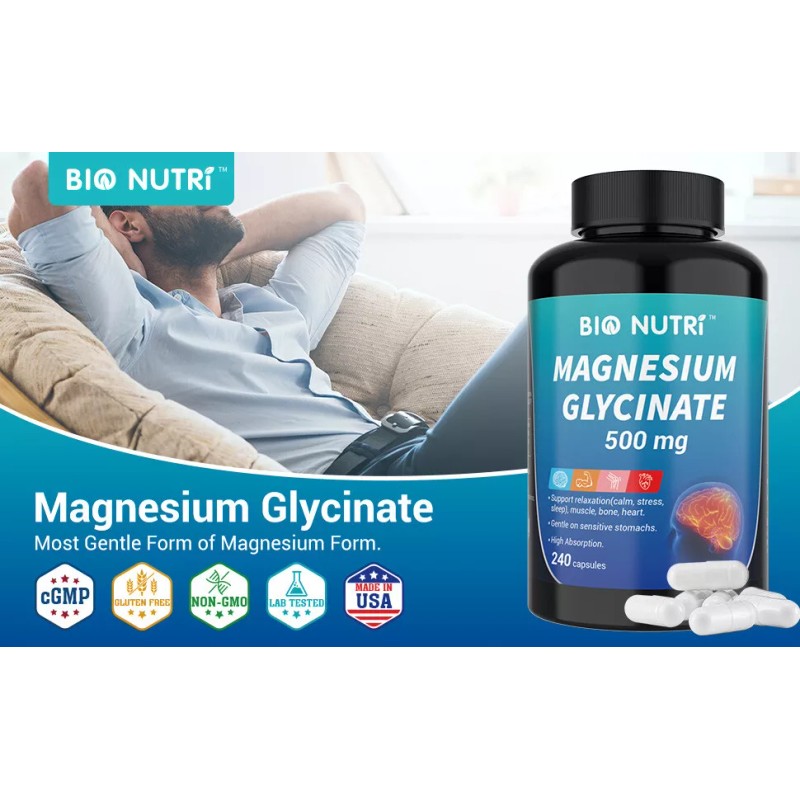 Magnesium Glycinate 500mg - 240 Capsules For Sleep, Stress Relief