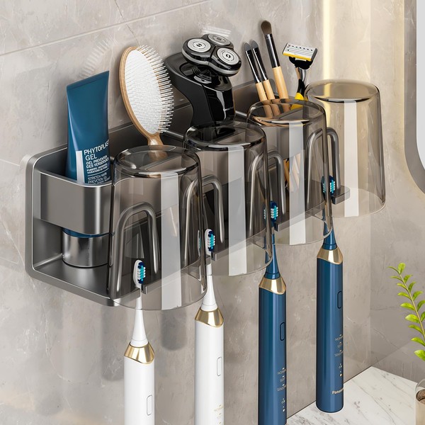 Zahnbürstenhalter, wandmontierter Dusch-Zahnbürstenhalter, elektrischer Zahnbürstenhalter mit 3 Haken, bohrfrei (Grau)