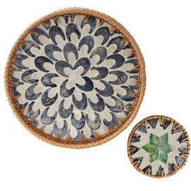 Tobulkirl Rattan Serving Tray with Mother of Pearl Inlay, Round Rattan Tray & Coaster Set, Boho Decor Wicker Basket, Coffee Table Tray for Table Decor, Storage and Display of Bread Fruit (Plume)