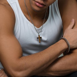 RTZN® Men's Tigers Eye Necklace – Premium Artisan Tiger Eye Cross Necklace for Men with Stainless Steel Box Chain 22" Inch + 2" Extension