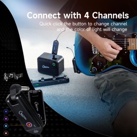 GTRS GWU4 UHF Wireless Guitar System 4 Signal Channels Rechargeable Transmitter and Receiver, Auto Match, Low Latency, 100 Feet Range, Stable Connection for Electric Guitars Bass and More (Black)