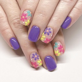 Spring Press on Nails Short Fake Nails Square with Floral Designs White Dots Nails Press ons Dark Purple Full Cover Glue on Nails Pink Acrylic False Nails Artificial Stick on Nails for Women 24Pcs