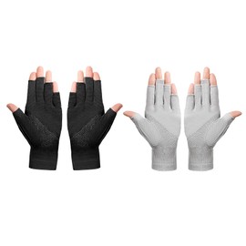 FakeFace 2Pairs Women Men UV Protection Driving Glove Summer Sunblock Glove Non-slip Breathable Fingerless Cycling Glove (Black+Light Gray)
