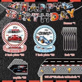 82PCS Race Car Party Decorations: Include Racing Car Happy Birthday Flag Banner Checkered Tablecloths Paper Plates Napkins Forks for Boys Kids Race Car Theme Party Birthday Decorations Supplies