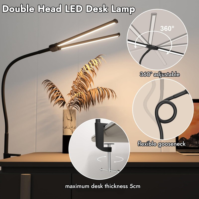 LED Desk Lamp, Double Head Desk Light with USB Charging