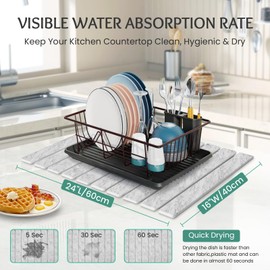 Stone Dish Drying Mat Collapsible Diatomaceous Earth Absorbent Mat Quick Dish Drying Pad Dish Rack Pad Match Any Counterto Multiple Usage for Kitchen,Bathroom (Light-Gray Frosted Pattern, 24"L x 16"W)