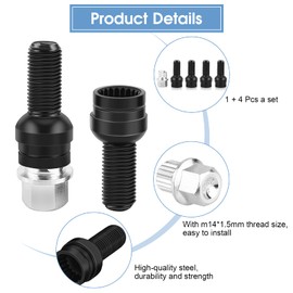 M14 Car Bolts, Wheel Bolts M14 Rim Lock, 4 + 1 M14 x 1.5 mm Black Steel Wheel Bolt & Locking Nut Set with Key Lock Wheel Nut Kit Car Accessories