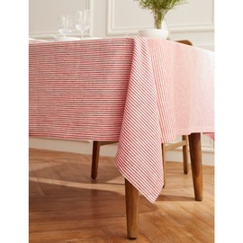 Solino Home Stripe Linen Tablecloth - Red and White, 100% Pure Linen 60 x 90 Inch Tablecloth for Spring, Mothers Day, Easter Decorations - Handcrafted and Machine Washable - Narrow Stripe