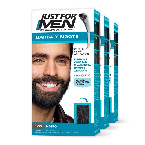 Just For Men Tinte Colorante en Gel para Barba y Bigote, Color Negro B55,Sin Amoníaco, Con Cepillo De Fácil Aplicación, Paquete de 3, 66ml cada uno