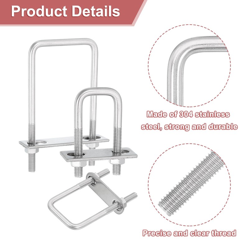 sourcing map 2Sets 304 Stainless Steel Square U-Bolts, 2.05" (52mm)