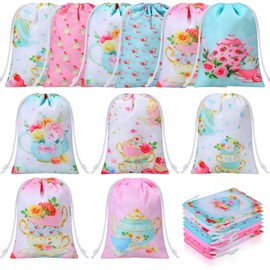 24 Pieces Tea Party Favor Bags Tea Party Gift Drawstring Bags Floral Tea Party Candy Goodies Treat Bags Tea Time Party Gift Treat Bags for Tea Themed Birthday Party Baby Shower Favor Supplies